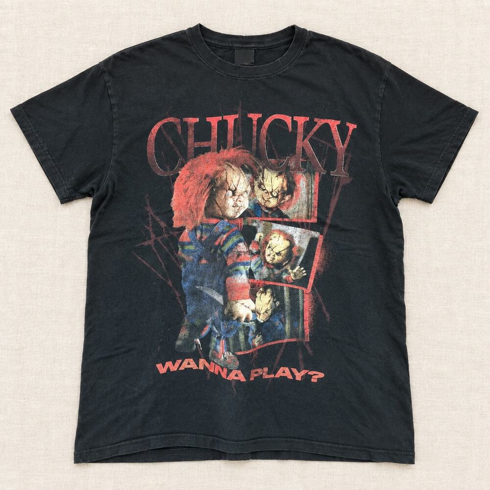 Child’s Play Chucky T-Shirt Mens Small Black Horror Movie Wanna Play Graphic Tee